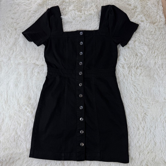 Girl-ish Small Black Button Front Mini Jean Dress Square Neck Cute Casual Retro - Picture 1 of 15